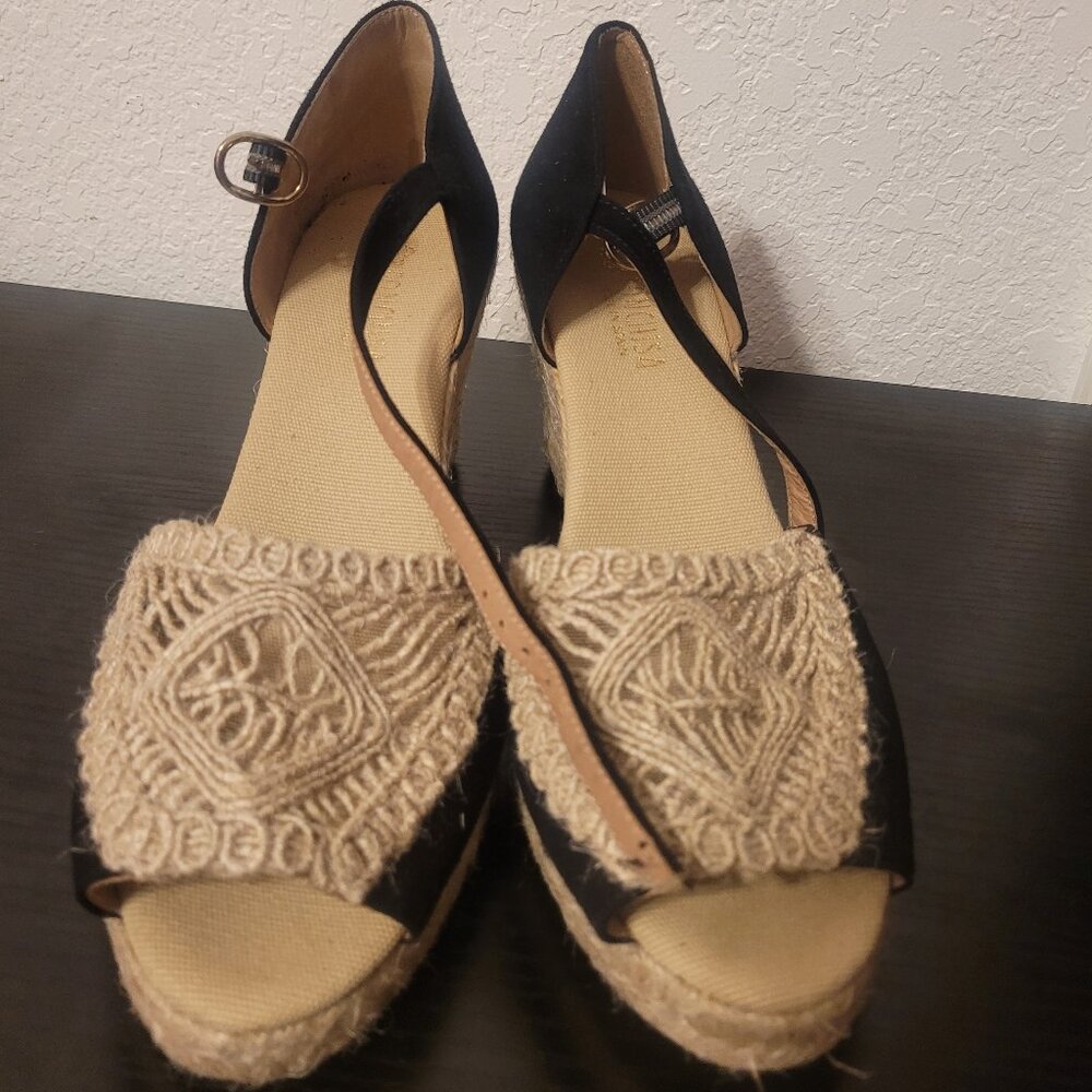 Black Open Toe Crochet Wedges